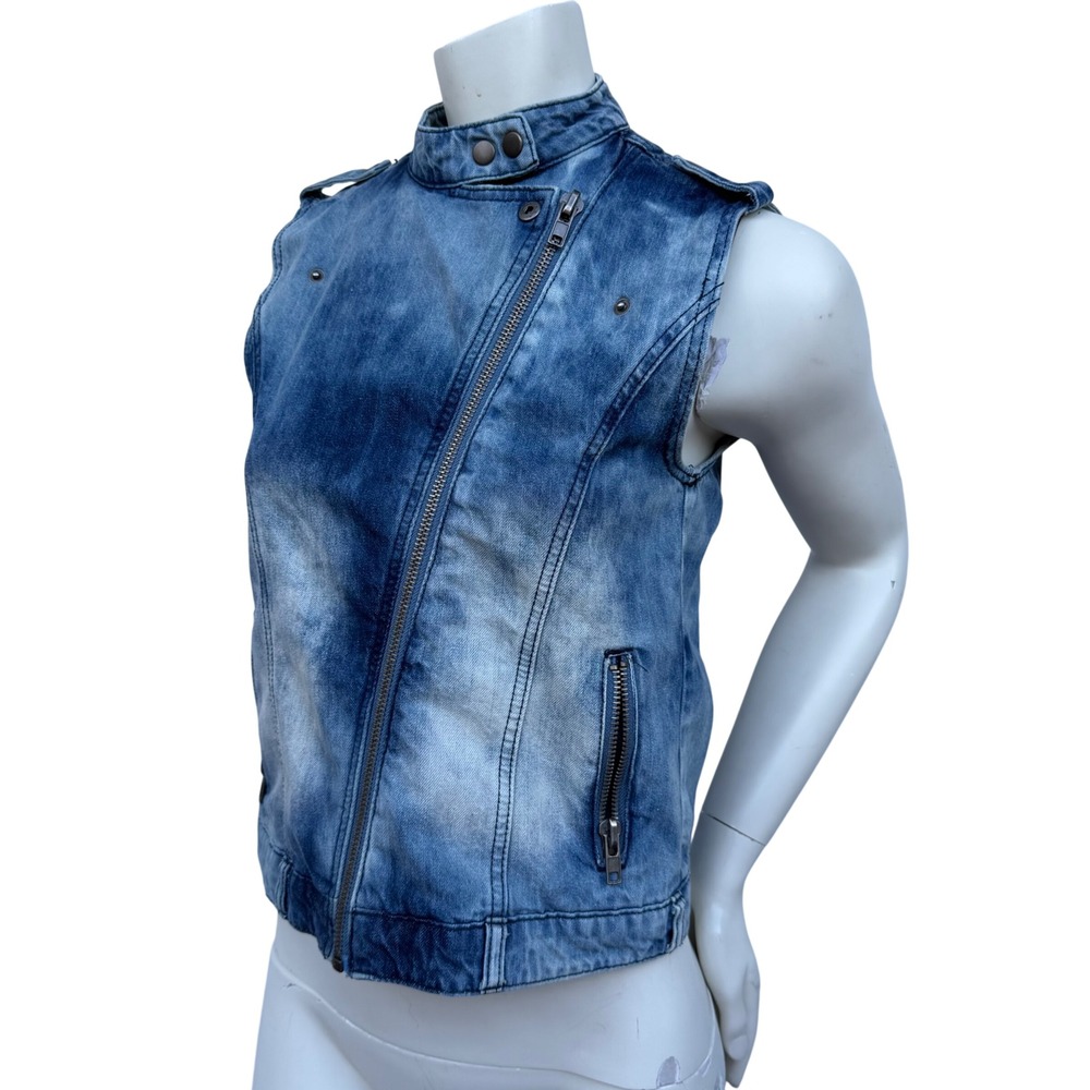 Forever 21 Denim Moto Vest Asymmetrical Zip Acid Wash Biker Grunge Punk Festival